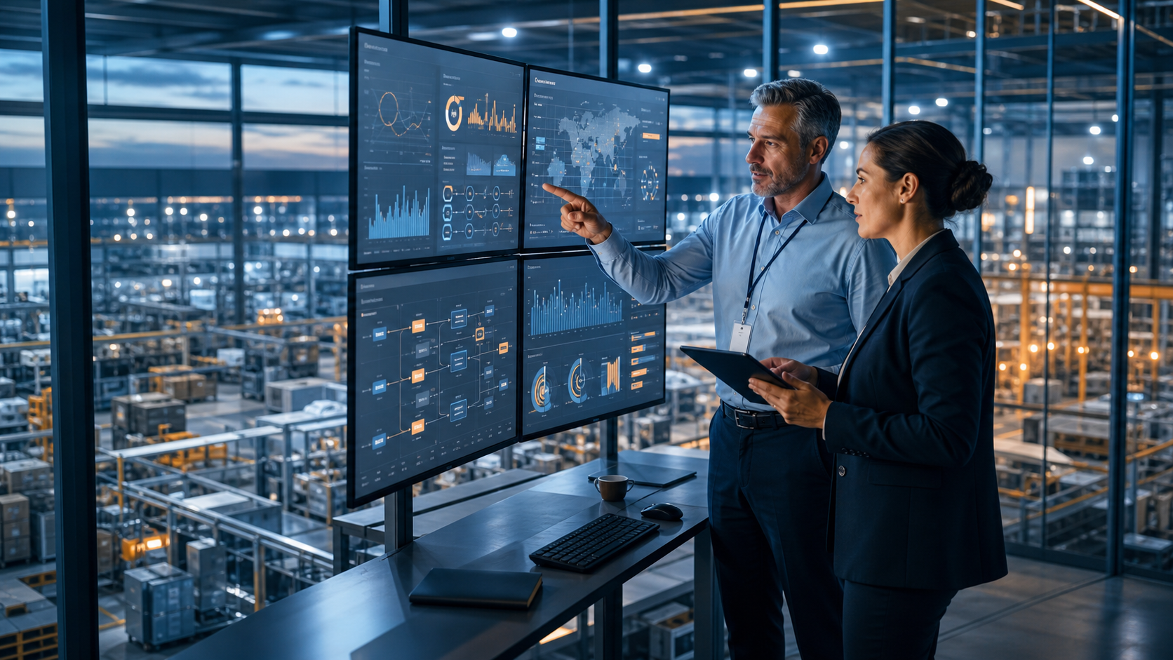 Enterprise operations leader and technology architect reviewing connected workflows above an active industrial facility