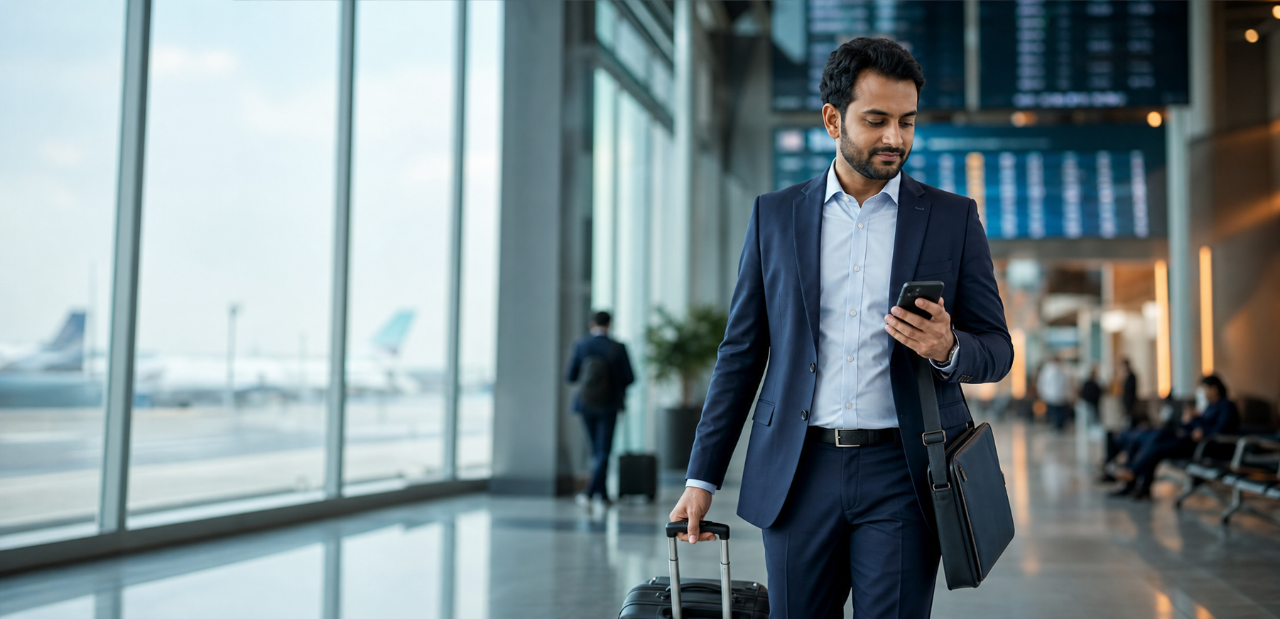 Business traveller reviewing journey information in a modern airport